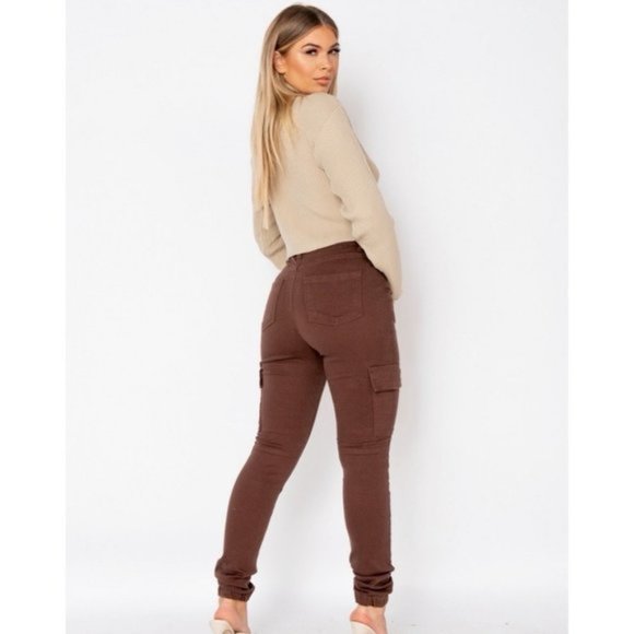 Brown High Waist Skinny Cargo Utility Denim Jeans Joggers Jogger Pants - Picture 6 of 10